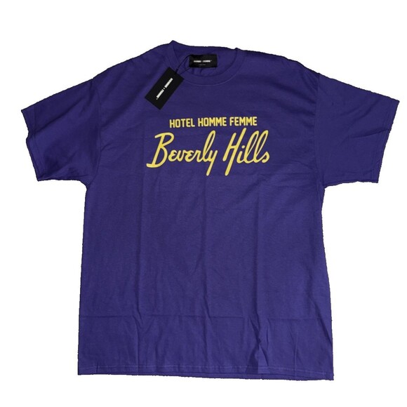 Homme + Femme XL Purple Hotel Beverly Hills T-Shirt Fake Love Streetwear NWT - Picture 1 of 4